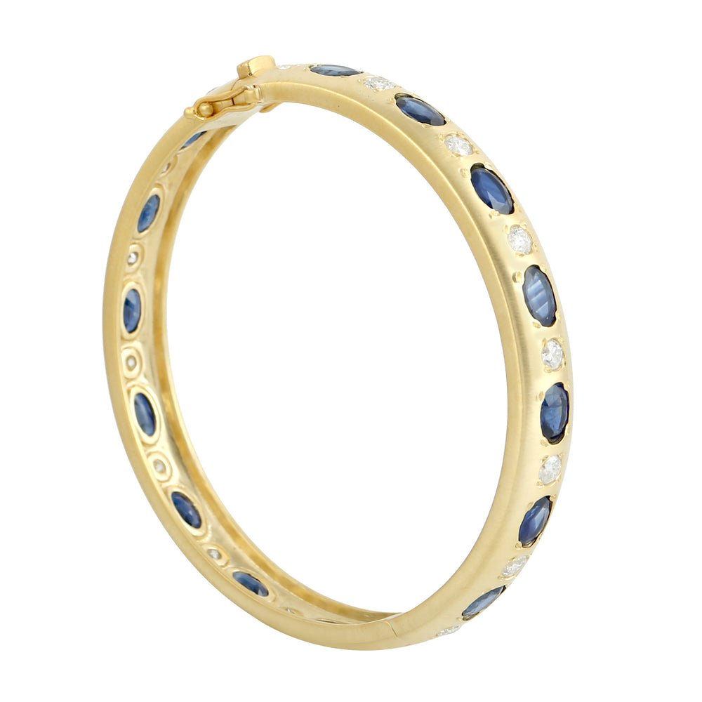 10k Yellow Gold Handmade Oval Sapphire Diamond Bangle For Her