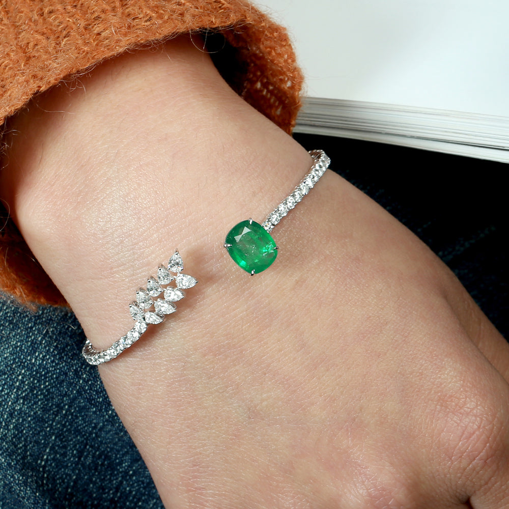 Beautiful Prong Rose Cut Diamond Oval Emerald Designer Cuff In 18k White Gold For Women