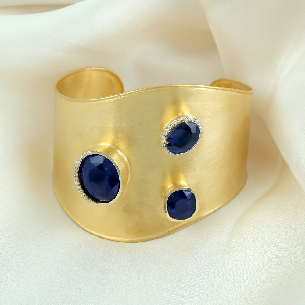 Bezel Set Blue Sapphire Pave Diamond 18K Yellow Gold Designer Cuff Bracelet Jewelry