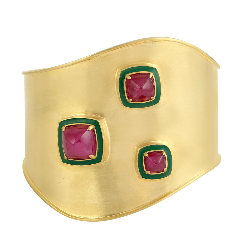 Pyramid Shape Ruby Gemstone Enamel 18K Yellow Gold Wedding Cuff Jewelry For Women's