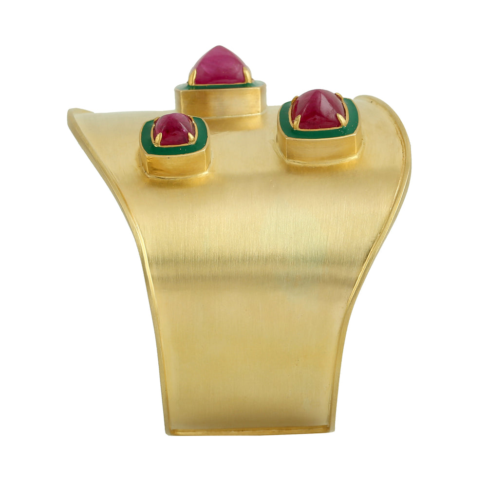 Pyramid Shape Ruby Gemstone Enamel 18K Yellow Gold Wedding Cuff Jewelry For Women's