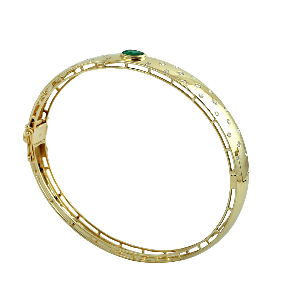 Oval Cut Emerald Bezel Set Diamond Wedding Bangle In 14K Yellow Gold