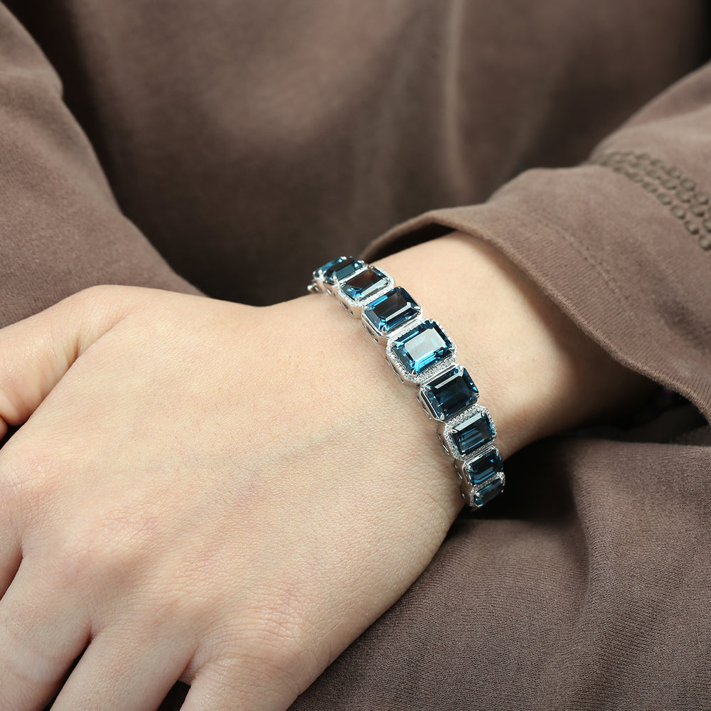 London Blue Topaz Emerald Cut Pave Diamond Bangle Bracelet in 14K White Gold