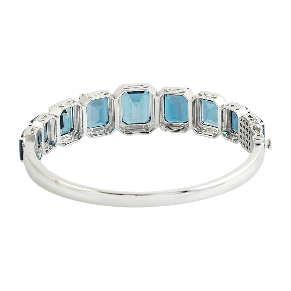 London Blue Topaz Emerald Cut Pave Diamond Bangle Bracelet in 14K White Gold
