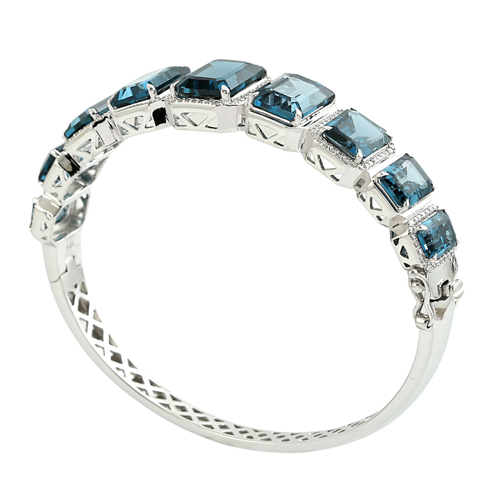London Blue Topaz Emerald Cut Pave Diamond Bangle Bracelet in 14K White Gold