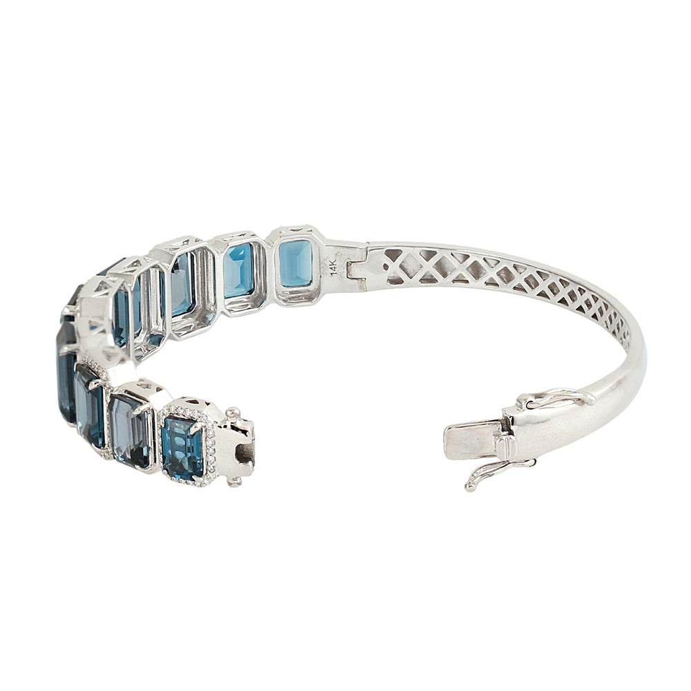 London Blue Topaz Emerald Cut Pave Diamond Bangle Bracelet in 14K White Gold