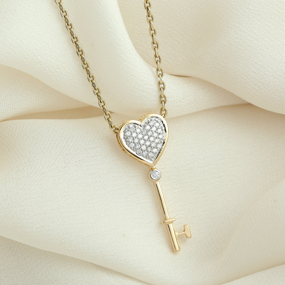 18K Yellow Gold Pave Diamond Key To My Heart Pendant Jewelry For Women