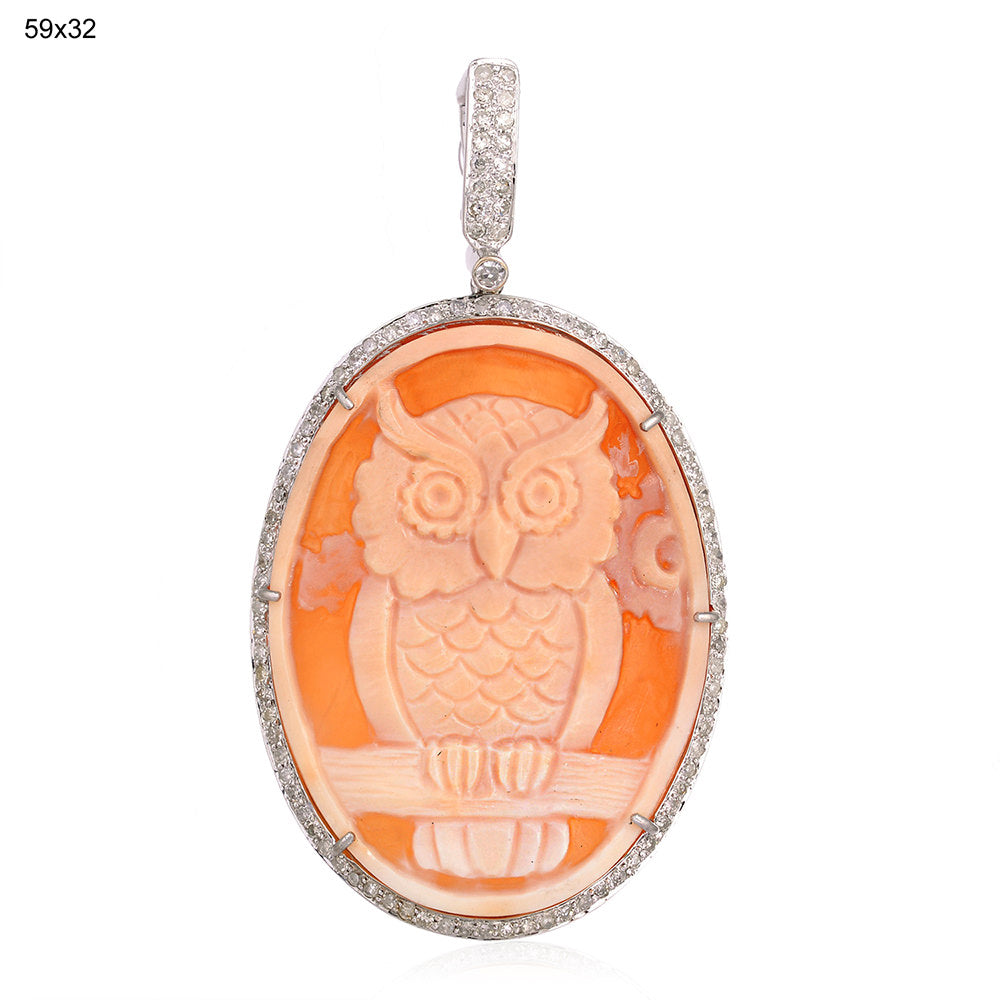 Carved Shell Cameo Pave Diamond Owl Pendant in 18K White Gold