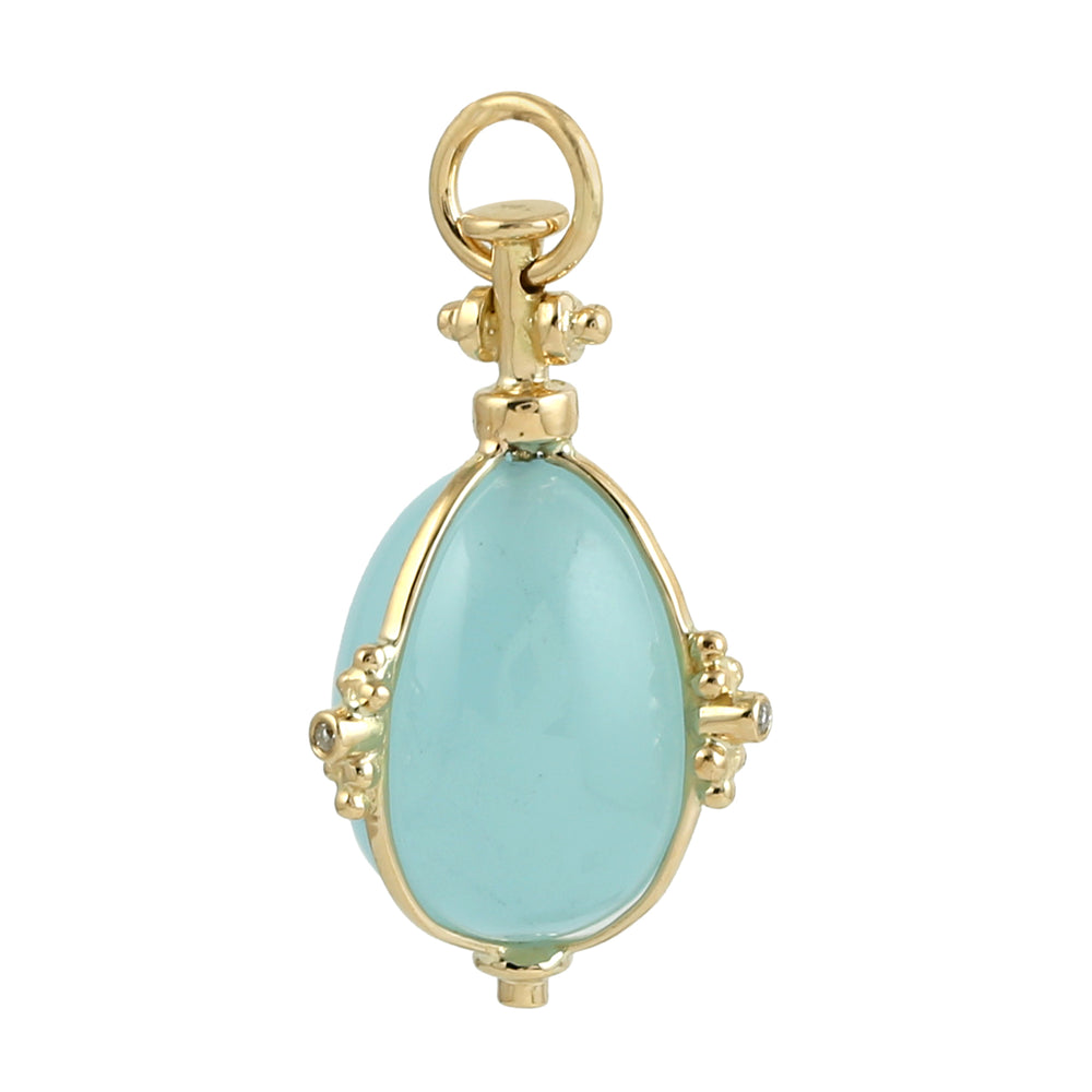 Egg Cut Aquamarine Bezel Diamond Designer Pendant In 18K Yellow Gold
