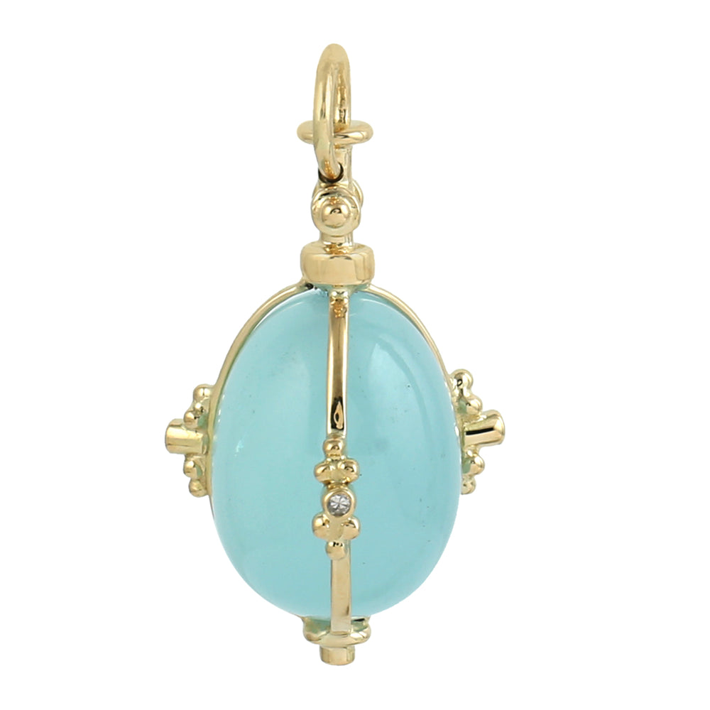 Egg Cut Aquamarine Bezel Diamond Designer Pendant In 18K Yellow Gold
