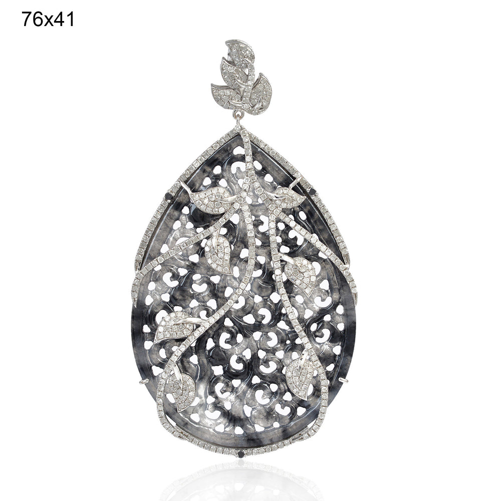 Carved Grey Jade & Diamond Filigree Statement Pendant in 18K White Gold Silver