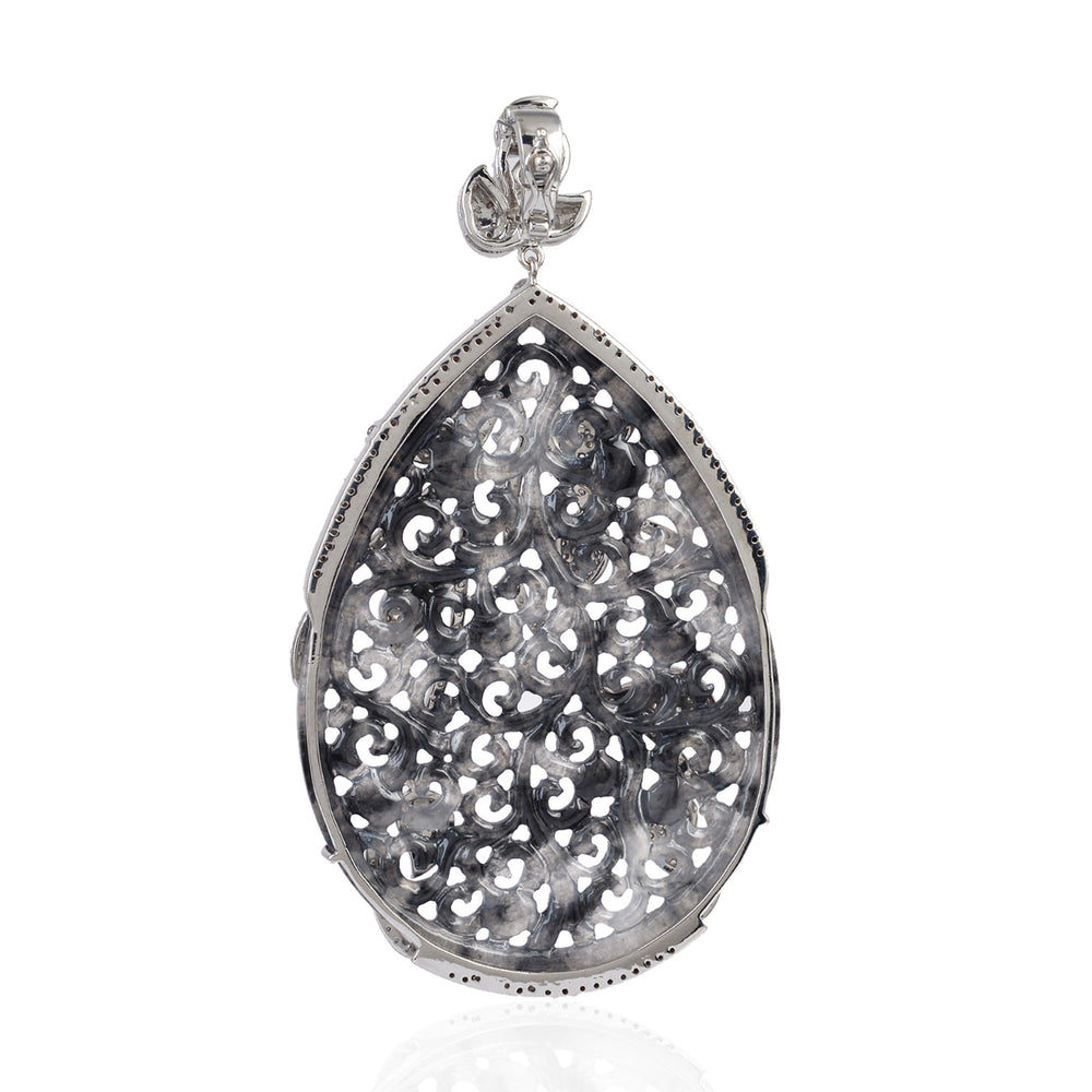 Carved Grey Jade & Diamond Filigree Statement Pendant in 18K White Gold Silver