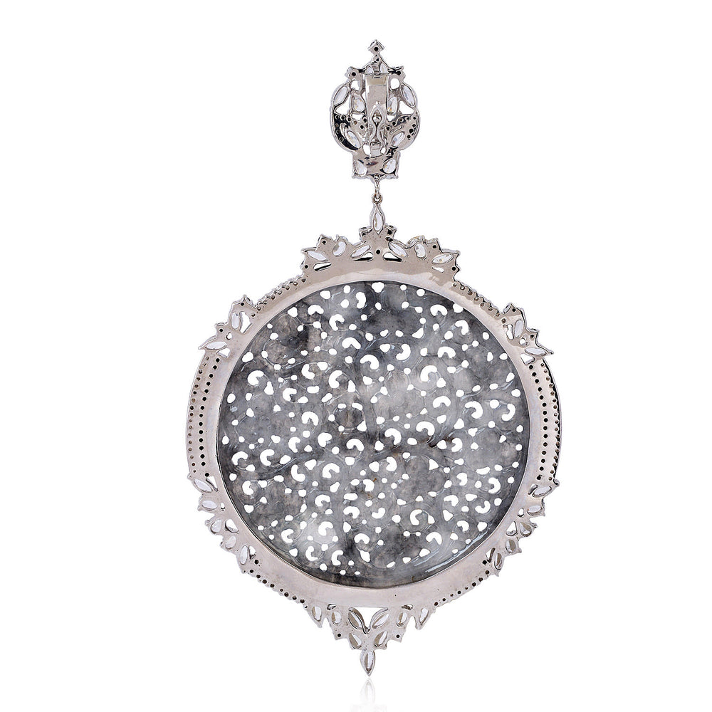 White Gold Silver Pendant – Carved Jade, Onyx & Sapphire Gemstones with Pave Diamonds