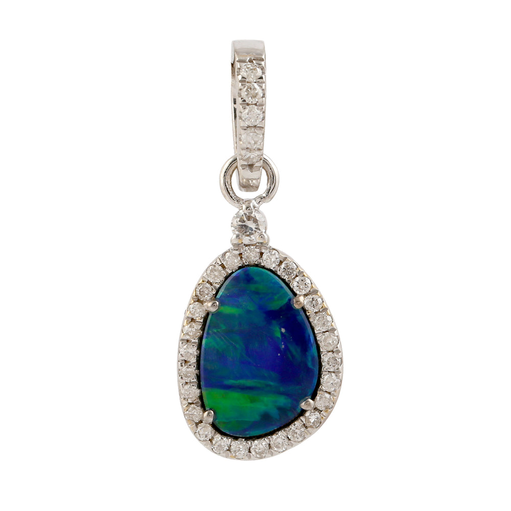 Natural Opal Doublet Diamond Designer Pendant In White Gold