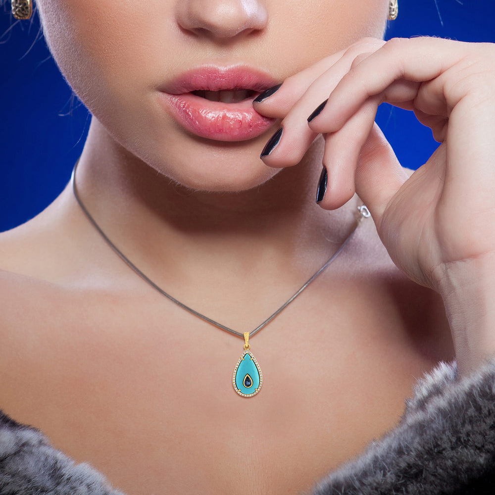 Turquoise Bezel Set Blue Sapphire Pave Diamond Evil Eye Pendant In 18K Yellow Gold