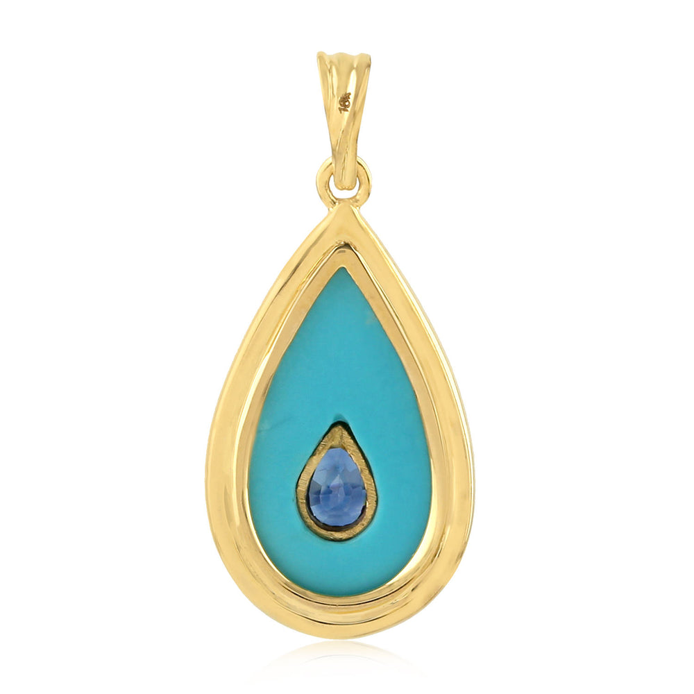 Turquoise Bezel Set Blue Sapphire Pave Diamond Evil Eye Pendant In 18K Yellow Gold