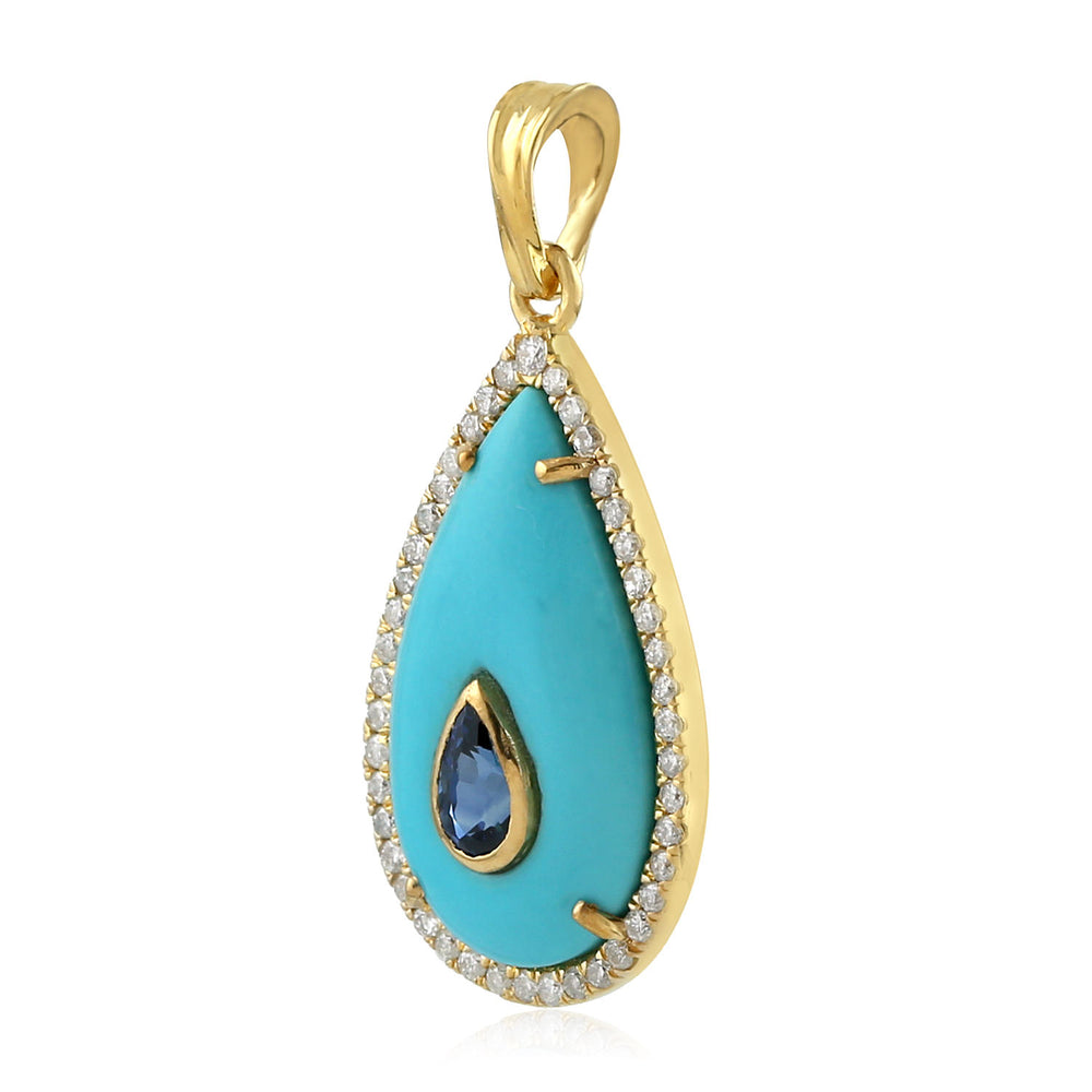 Turquoise Bezel Set Blue Sapphire Pave Diamond Evil Eye Pendant In 18K Yellow Gold