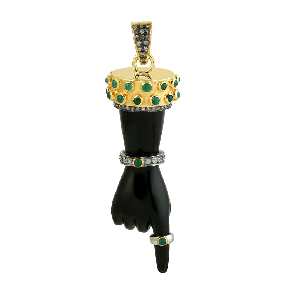 18K Yellow Gold Silver, Black Onyx & Emerald Hand Charm Pendant