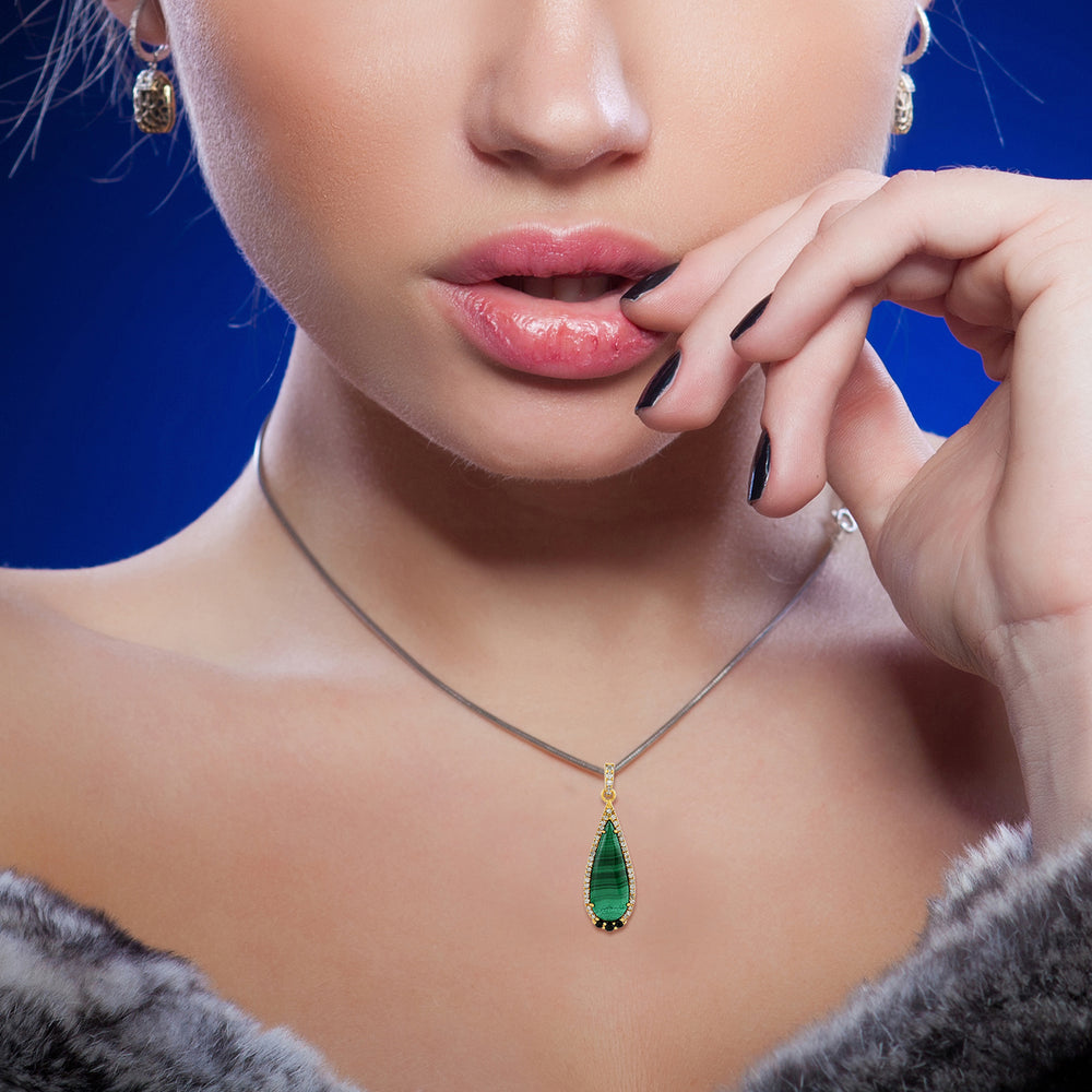 Pear Cut Malachite Prong Spinel Pave Diamond Drop Pendant In 18K Yellow Gold