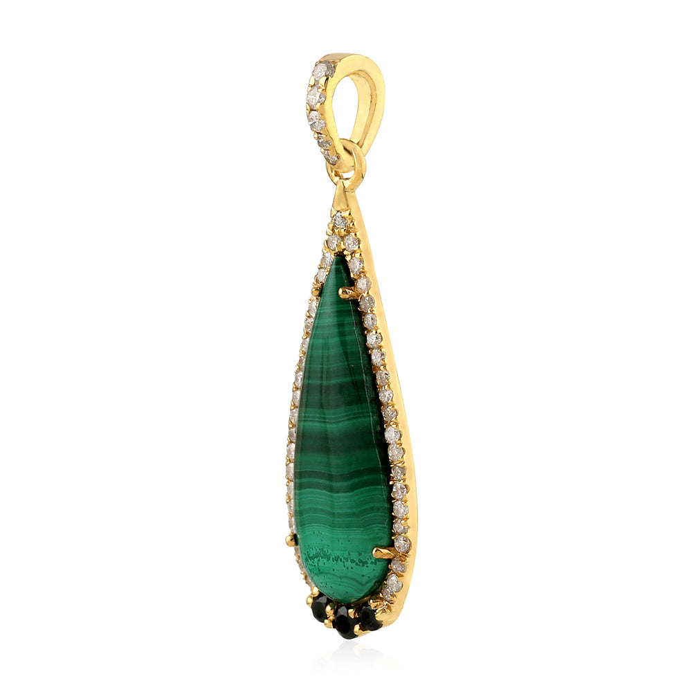 Pear Cut Malachite Prong Spinel Pave Diamond Drop Pendant In 18K Yellow Gold