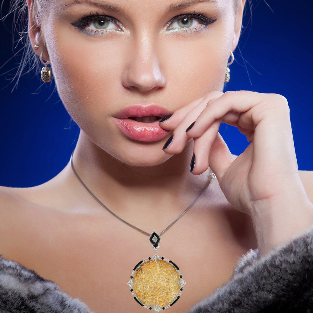 Carved Jade Medallion Pendant with Diamond, Onyx, Spinel & Sapphire in 18K White Gold & Silver