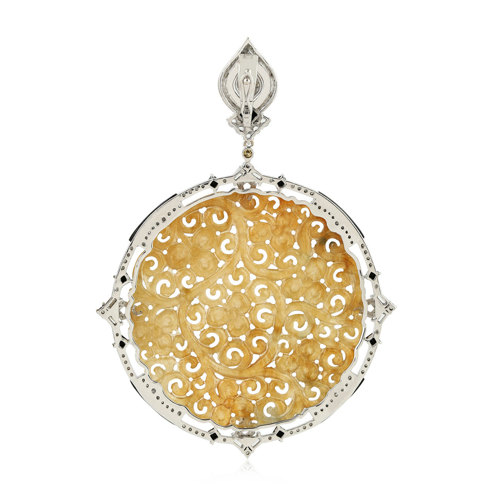 Carved Jade Medallion Pendant with Diamond, Onyx, Spinel & Sapphire in 18K White Gold & Silver