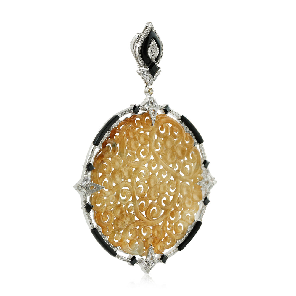 Carved Jade Medallion Pendant with Diamond, Onyx, Spinel & Sapphire in 18K White Gold & Silver
