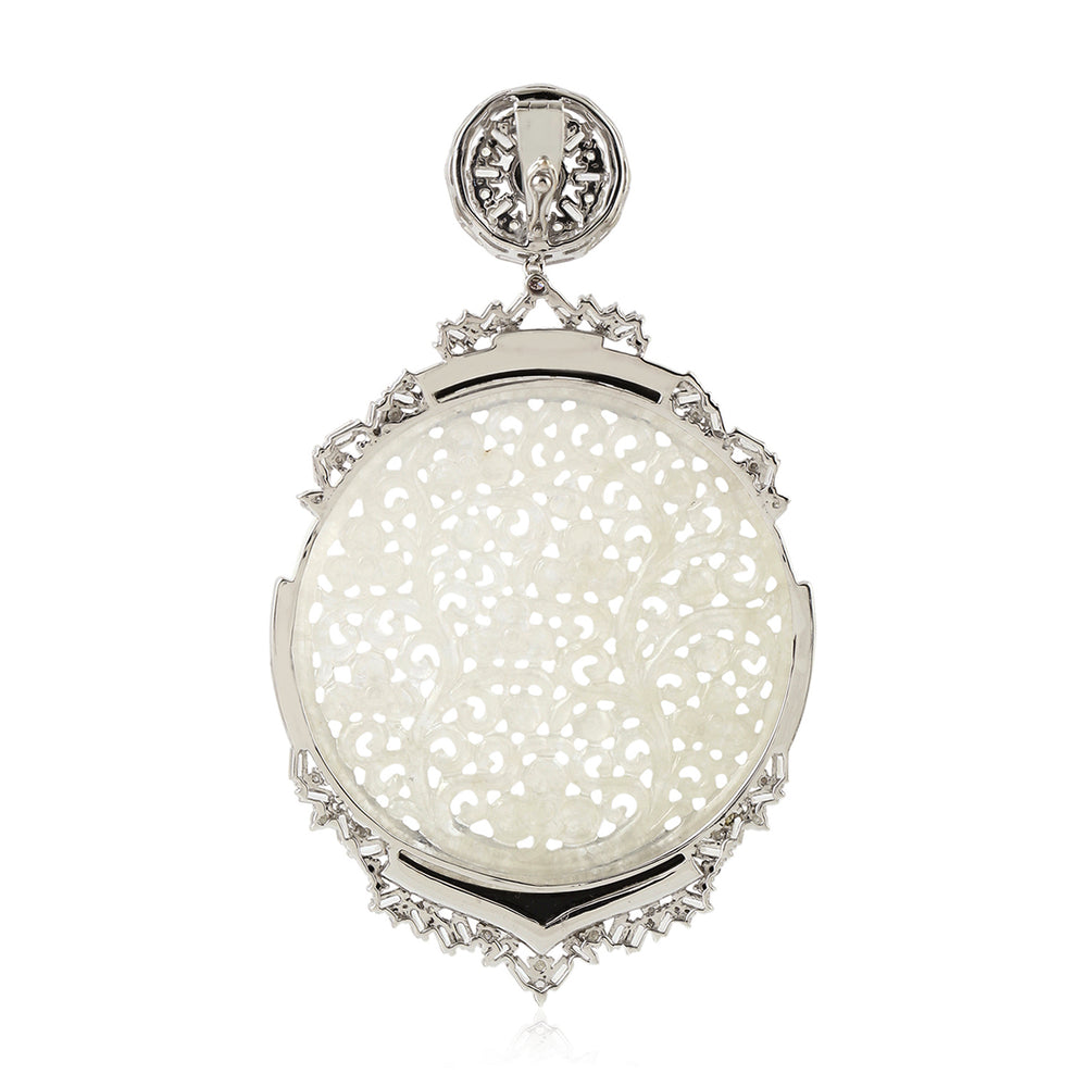 Carved Jade, Sapphire & Onyx Pendant with Baguette Diamonds in White Gold 925 Silver