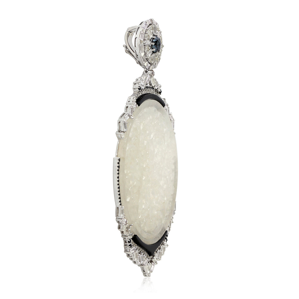 Carved Jade, Sapphire & Onyx Pendant with Baguette Diamonds in White Gold 925 Silver