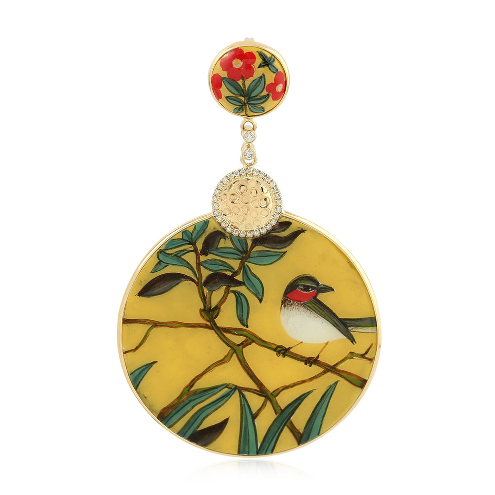 Floral & Bird Enamel Mother-of-Pearl & Diamond Pendant in 18K Yellow Gold