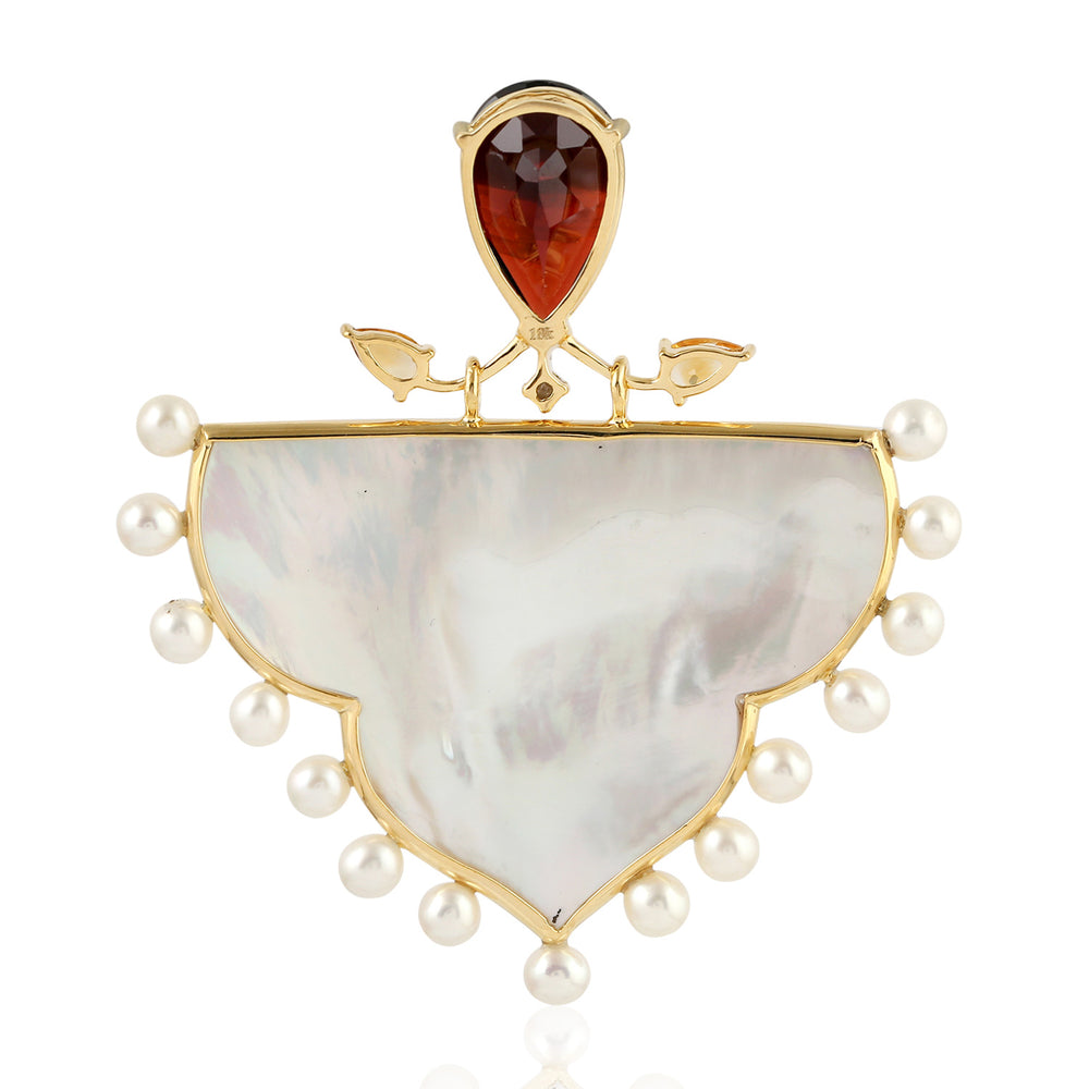 MOP Beaded Pear Cut Garnet Citrine Pave Diamond Enamel Designer Pendant In Gold