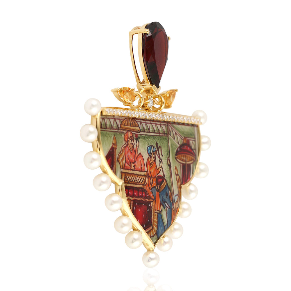 MOP Beaded Pear Cut Garnet Citrine Pave Diamond Enamel Designer Pendant In Gold