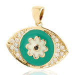 18K Yellow Gold Pave Diamond Green Enamel Evil Eye Charm Pendant