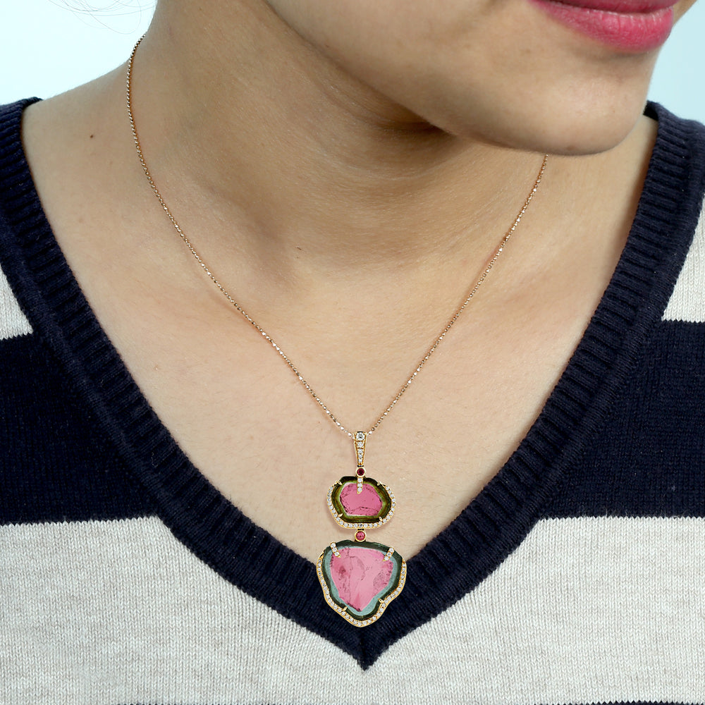 Tourmaline Melon Pink Tourmaline Pave Diamond Designer Pendant In Yellow Gold