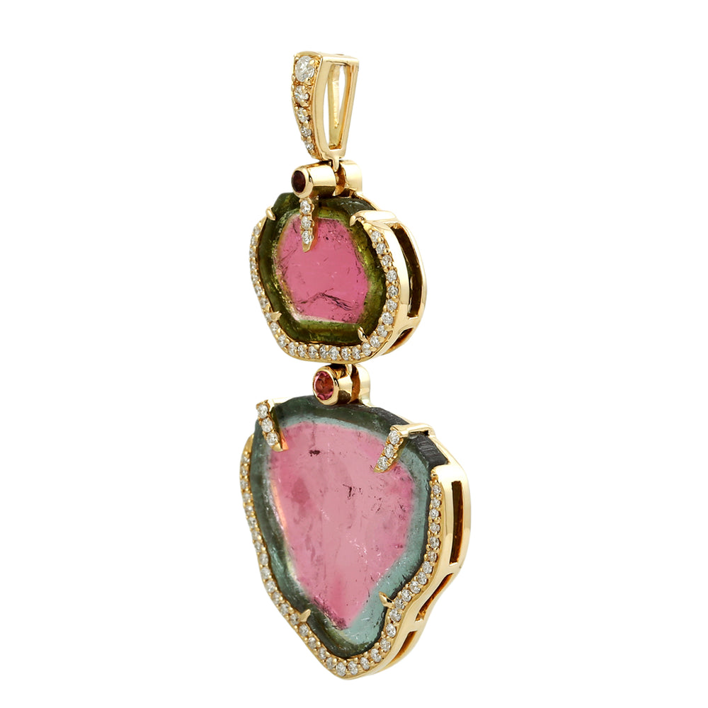 Tourmaline Melon Pink Tourmaline Pave Diamond Designer Pendant In Yellow Gold