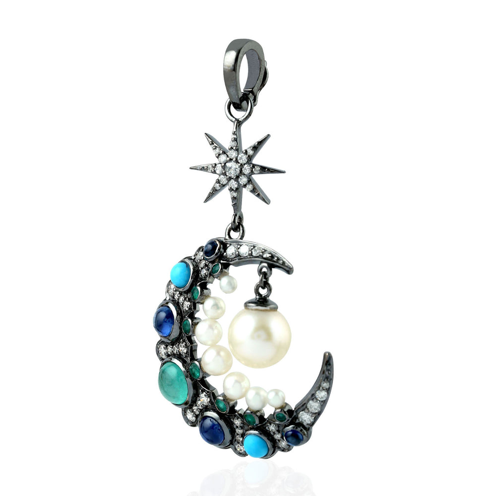 Natural Pearl Sapphire Emerald Pave Diamond Crescent Moon Charm Pendant