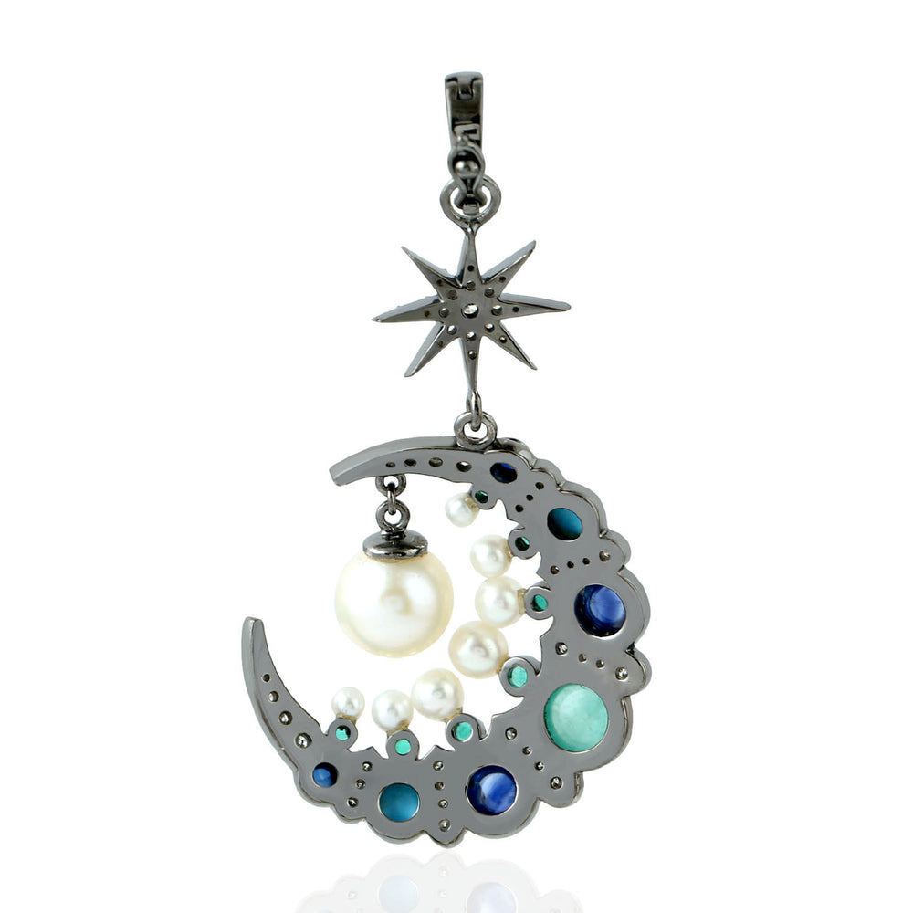 Natural Pearl Sapphire Emerald Pave Diamond Crescent Moon Charm Pendant