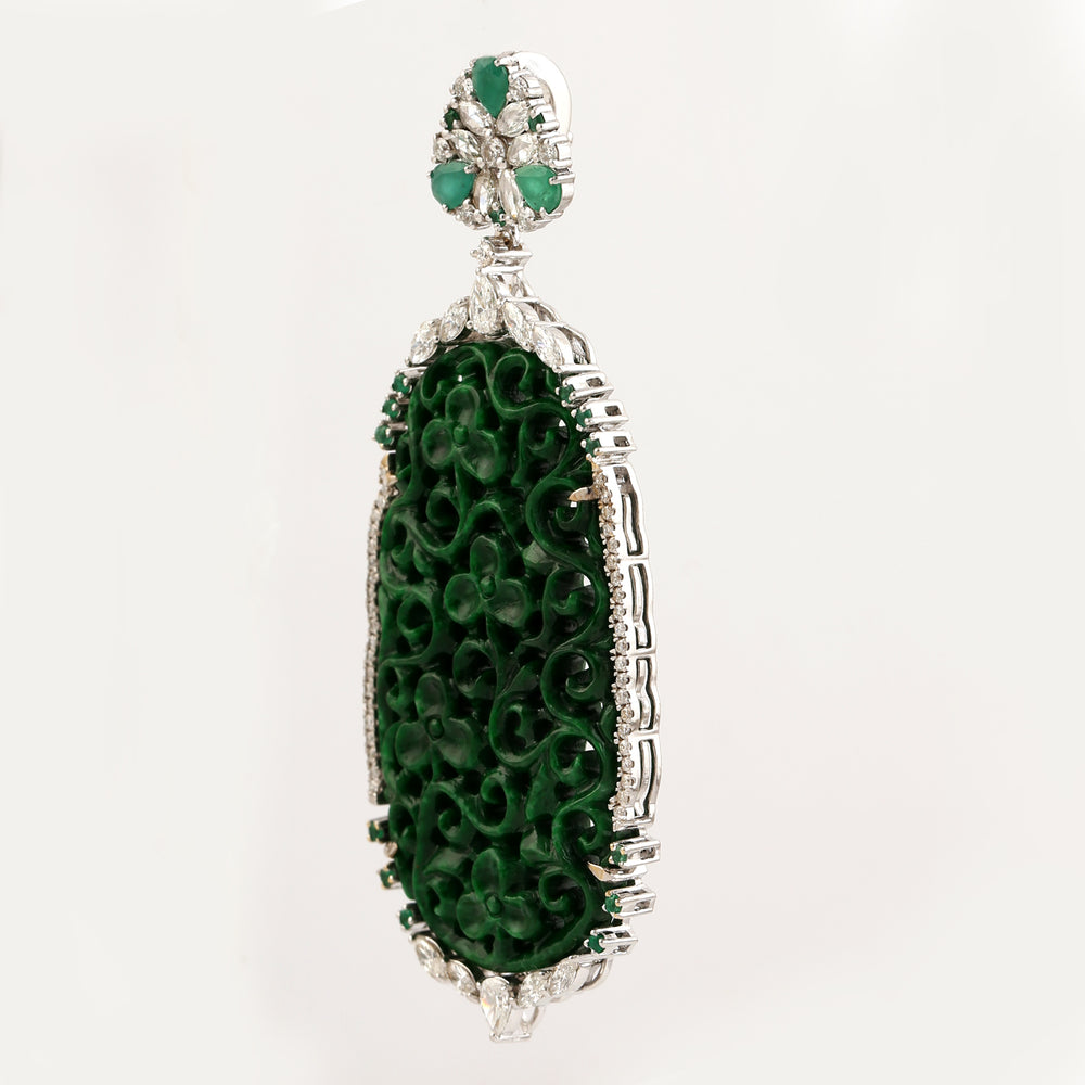 Handcarved Green Jade Pave Diamond & Emerald Designer Pendant Jewelry In 18k White Gold