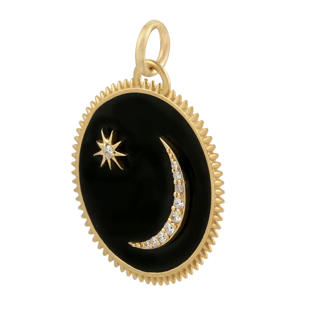 14K Yellow Gold Pave Diamond Crescent Moon Star Enamel Charm Pendant