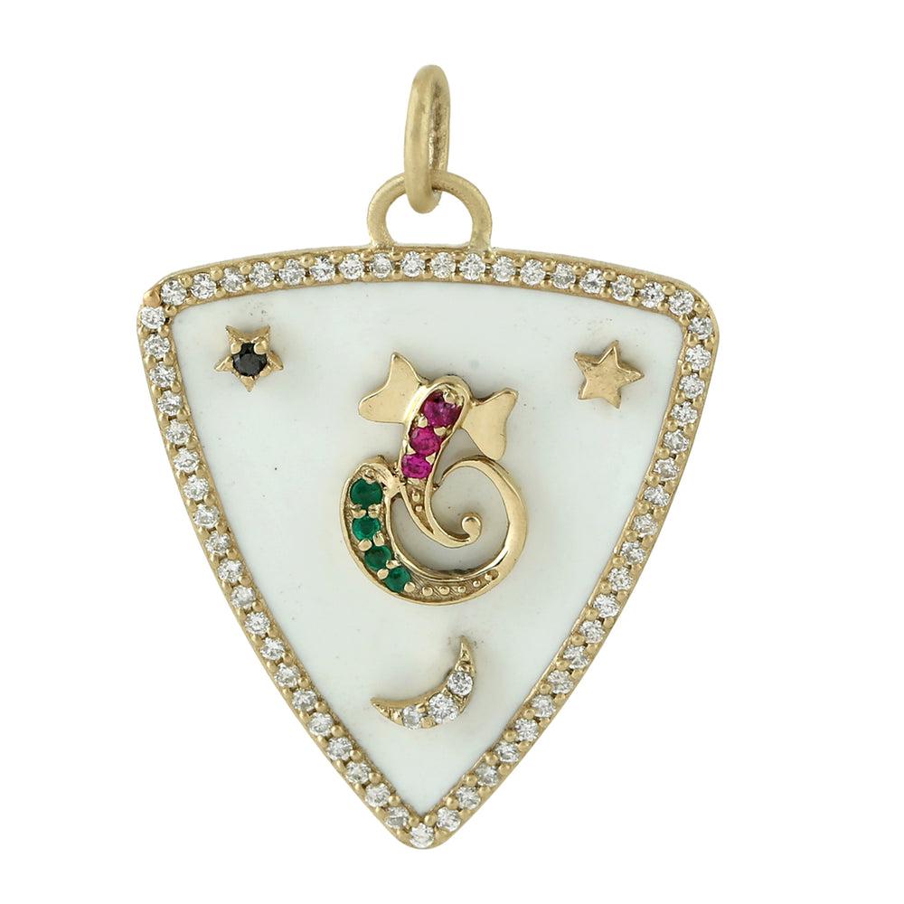 Triangle Pendant with Diamond, Ruby & Emerald Enamel Accents in 14K Yellow Gold