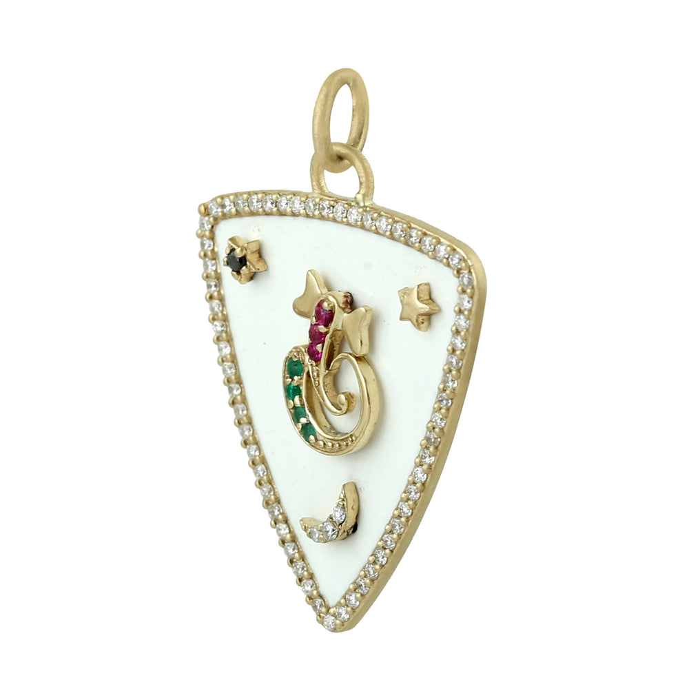 Triangle Pendant with Diamond, Ruby & Emerald Enamel Accents in 14K Yellow Gold