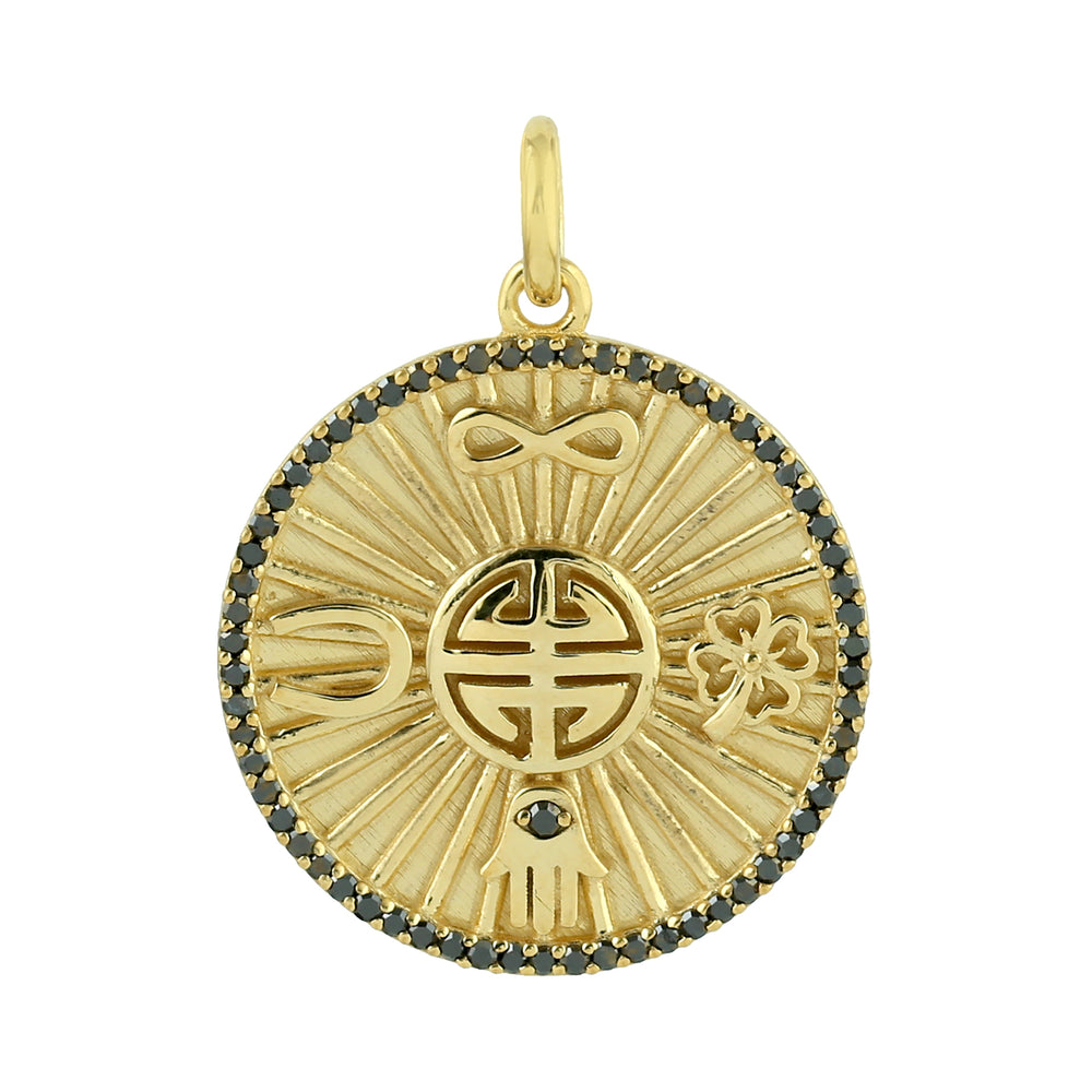 Black Diamond Pave Multiple Symbol Mythological Pendant in 14K Yellow Gold