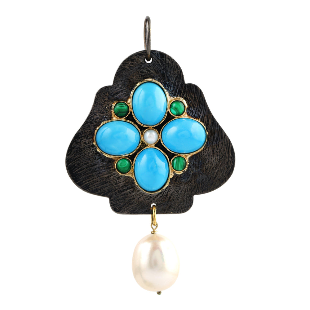 Oval Cut Turquoise Pearl Malachite Pearl Chiness Designer Pendant 18K Yellow Gold Silver Jewelry