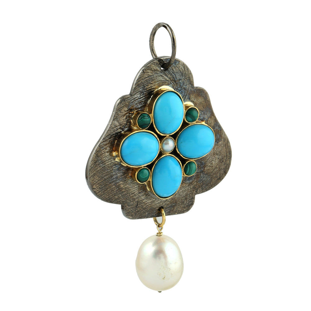 Oval Cut Turquoise Pearl Malachite Pearl Chiness Designer Pendant 18K Yellow Gold Silver Jewelry