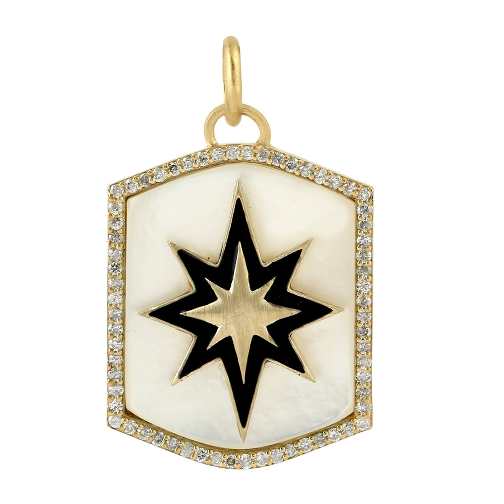 Fancy Cut MOP Pave Diamond Star Enamel Pendant In 14K Yellow Gold