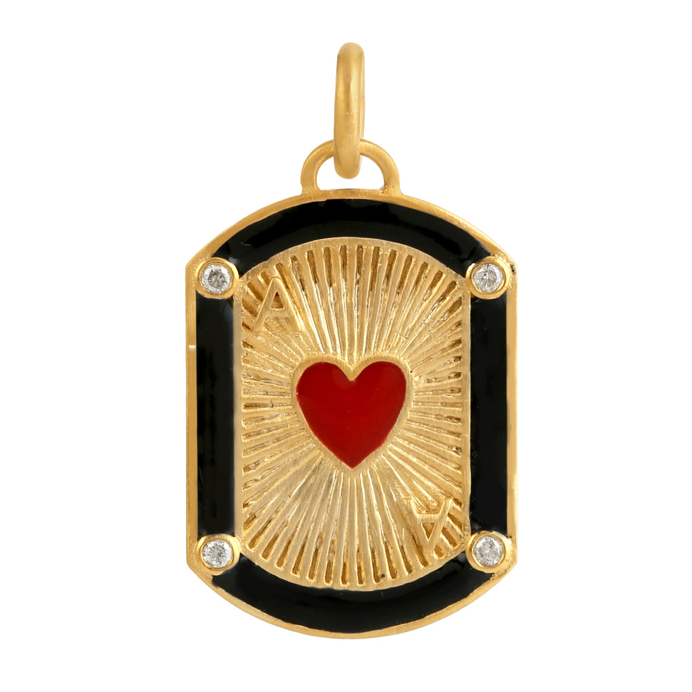 Bezel Set Diamond Red Heart Enamel Pendant In 14k Yellow Gold