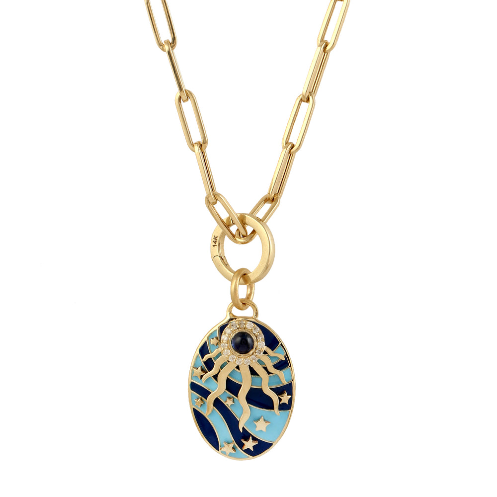 Blue Sapphire Pave Diamond Sunburst Enamel Pendant In 14k Yellow Gold