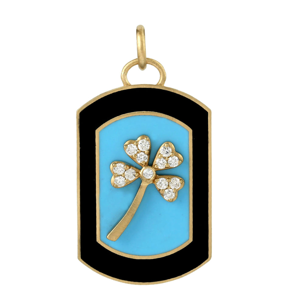 Turquoise Enamel Clover Luck Pendant in 18K Yellow Gold with Diamond Accents
