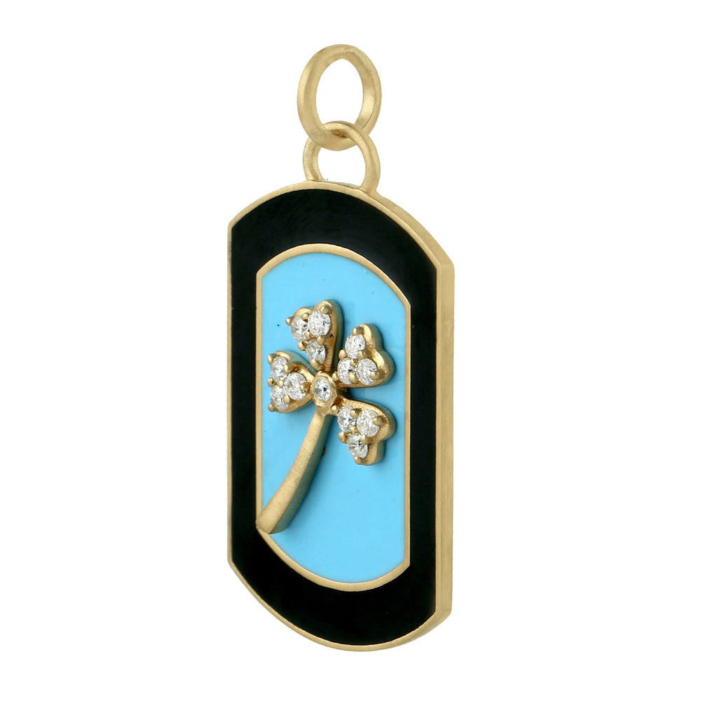 Turquoise Enamel Clover Luck Pendant in 18K Yellow Gold with Diamond Accents