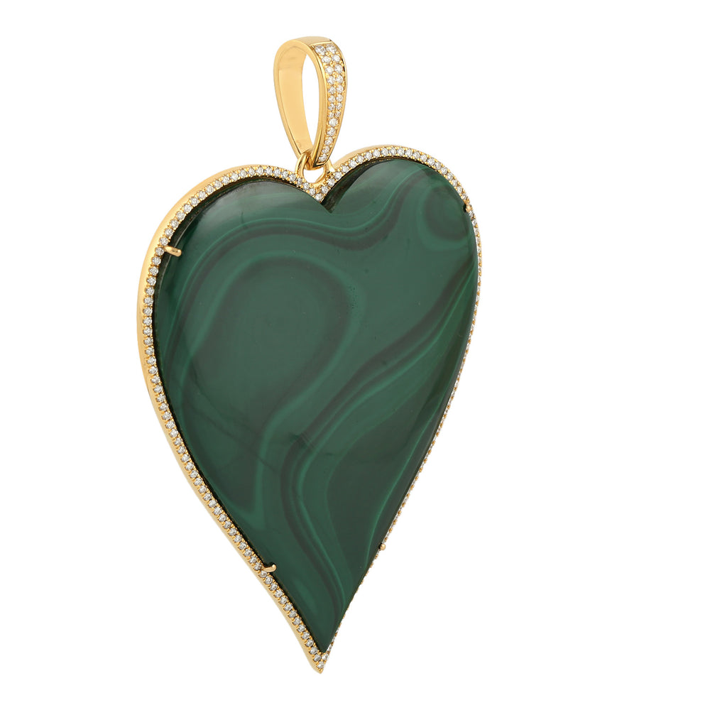 18k Yellow Gold Prong Malachite Micro Pave Diamond Heart Pendant Jewelry For Women